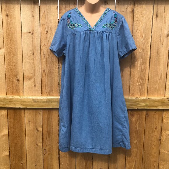 Go Softly Dresses Go Softly Chambray Denim Patio Dress Embroidered